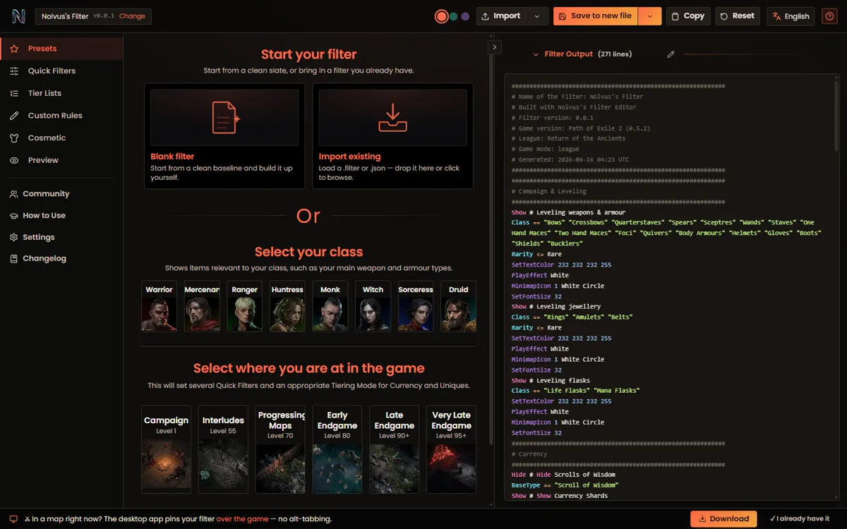 Filter setup screen with presets, class selection, progression stage and generated filter output