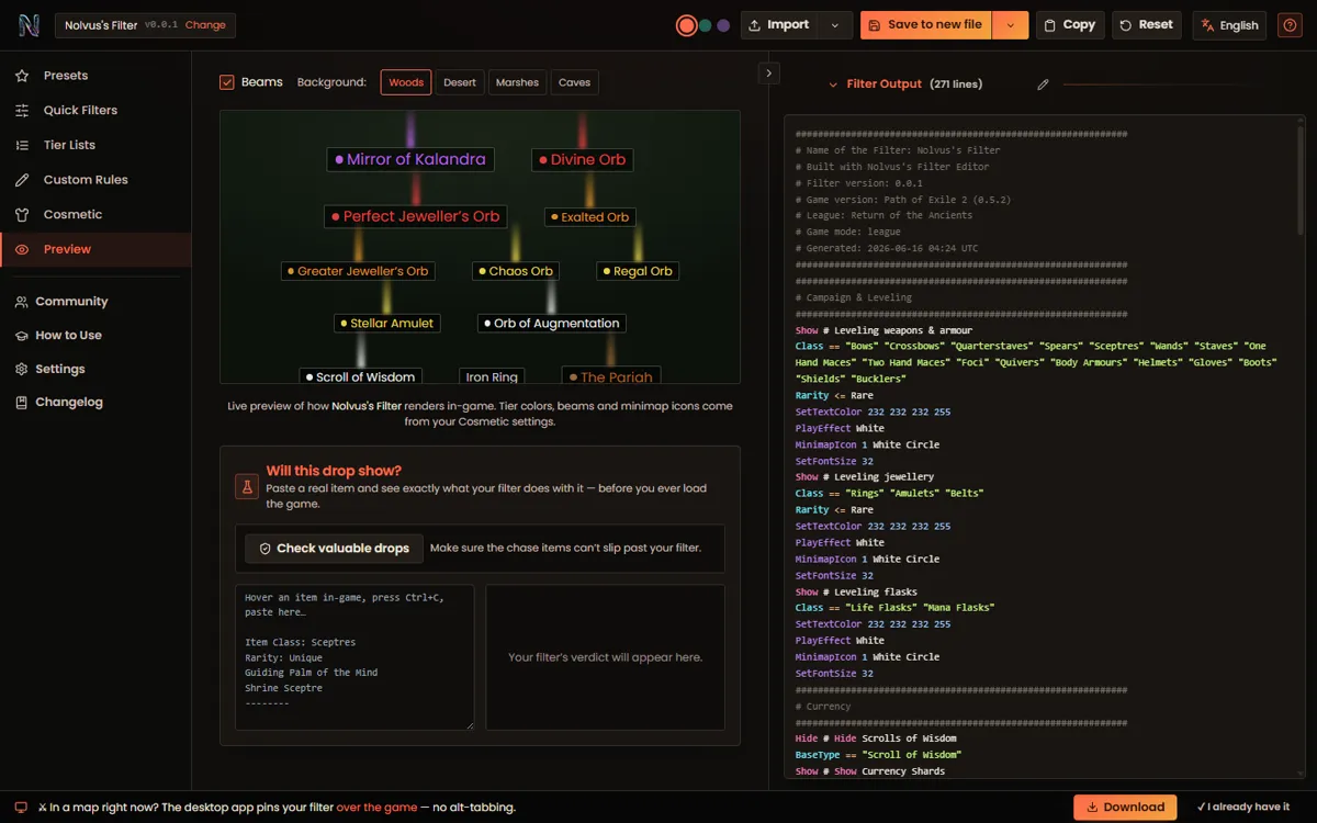 Loot filter preview under development with item beams and generated output